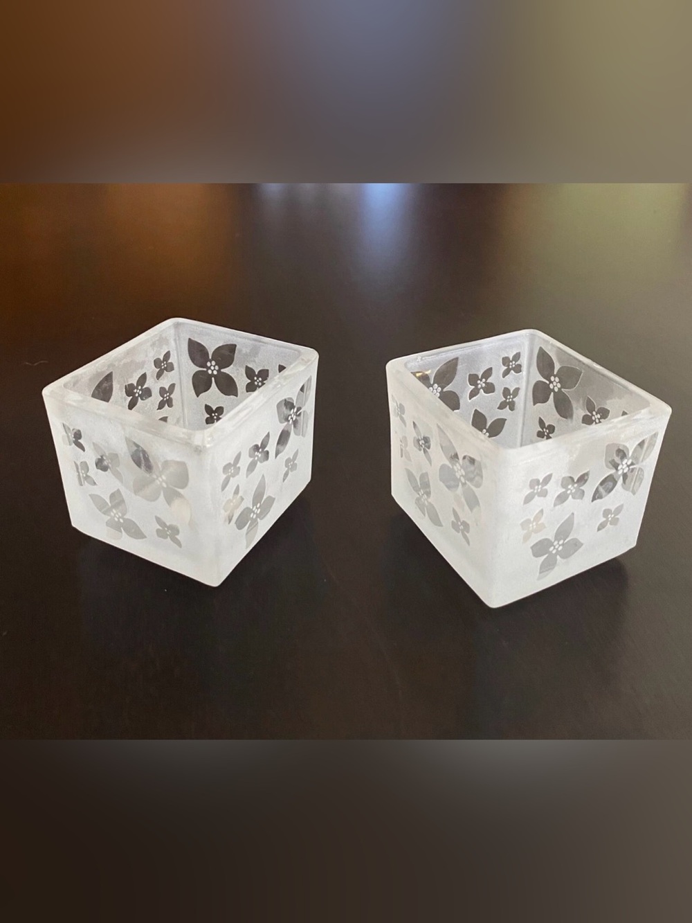 Vintage PartyLite Retired Frosted Glass Cube Votive Holders Leaf Design NIB